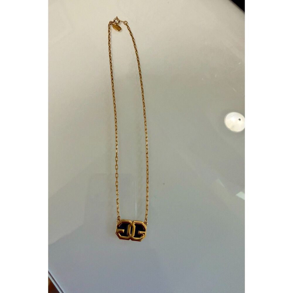 Vintage 1977 Givenchy GG Gold Tone Blue Enamel Pendant Necklace - Picture 3 of 5